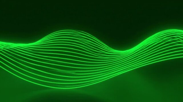 Luminous green parallel lines creating an undulating wave form. Abstract digital art representing technology, sound, or energy flow
