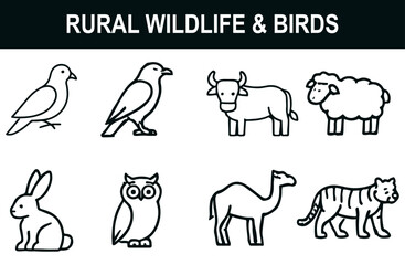 Rural Wildlife & Birds Icon Set – Black Line Art of Cow, Sheep, Rabbit, Owl, Camel, Tiger, Pigeon & Crow for Educational, Cultural & Biodiversity Projects