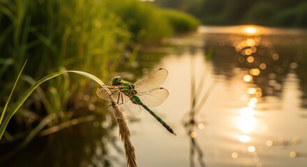 Green dragonfly perched on a plant by the lake at sunset.