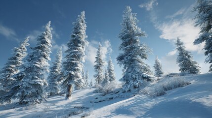 Snowy pine forest, sunlit slope