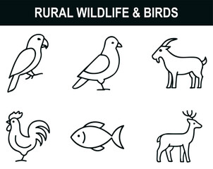Rural Wildlife & Birds Icon Set – Black Line Art of Parrot, Pigeon, Goat, Rooster, Fish & Deer for Educational, Cultural & Biodiversity Projects