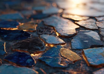 Close-up of a textured stone path, lit by golden light