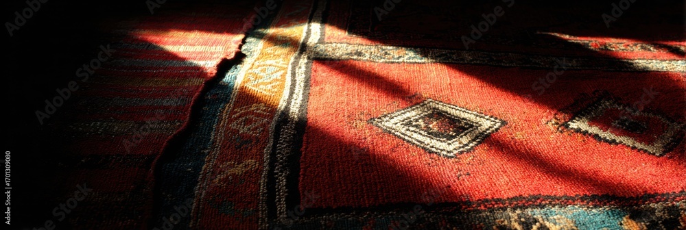 Poster red area rug with intricate patterns illuminated by soft sunlight in a cozy room setting