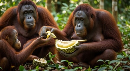 Naklejka premium Family of orangutans sharing a durian fruit in a lush green forest environment.