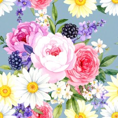 Watercolor floral bouquet pattern on a light blue background