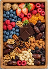 Assortment of Fresh Snacks and Treats: A vibrant arrangement of diverse fruits, nuts, and sweets, presenting an enticing display of wholesome and delicious snacks perfect for any occasion.