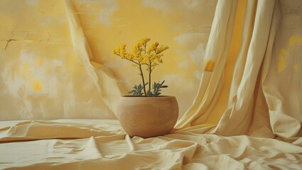 Yellow flowers in ceramic vase on worn and old grunge yellow background.