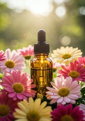 Floral Wellness Essence: A single amber glass bottle, filled with a golden liquid, sits amidst a vibrant array of colorful blossoms, evoking a sense of natural beauty and the potential of wellness