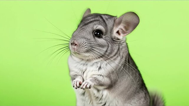 A close-up studio shot of a fluffy gray chinchilla with a bright green background.