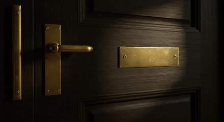Close-up of a dark wooden door with brass hardware and a brass plate. Sunlight highlights the door