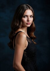 Naklejka premium Elegance and Beauty: A portrait of a woman, radiates confidence and poise, embodying timeless elegance with a gaze that is both captivating and serene, showcasing a classic aesthetic.