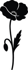 vector silhouette, poppy delicate petals on tall thin stem with seed pod hint, solid black