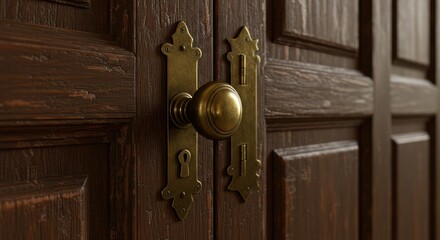 Close-up of a dark wooden door with ornate brass hardware