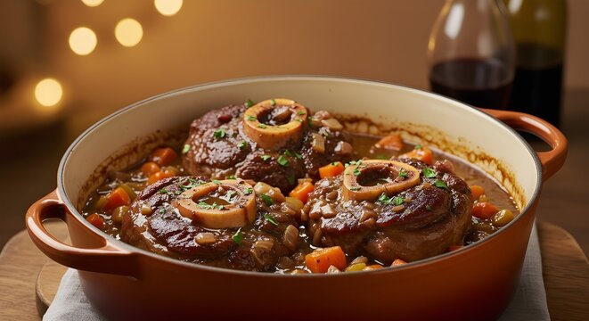 Traditional Italian ossobuco slowly cooked in red wine, tender meat and rich savory flavor shown.