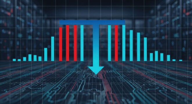 Abstract data flow with bars and arrow in a server room