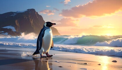 A majestic penguin strolls along a sandy beach at sunset,  with dramatic ocean waves crashing against the shore.