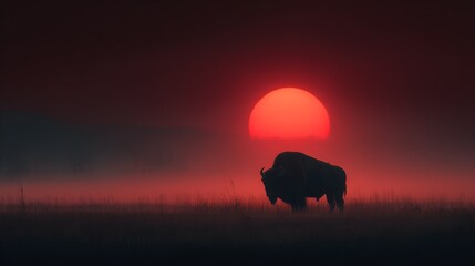 Silhouette of wild bison in misty field with dramatic red sunset background