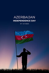 National flag of Azerbaijan flutters in military man hands