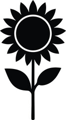 vector silhouette, sunflower front view, large circular head with petals, short stem, solid black
