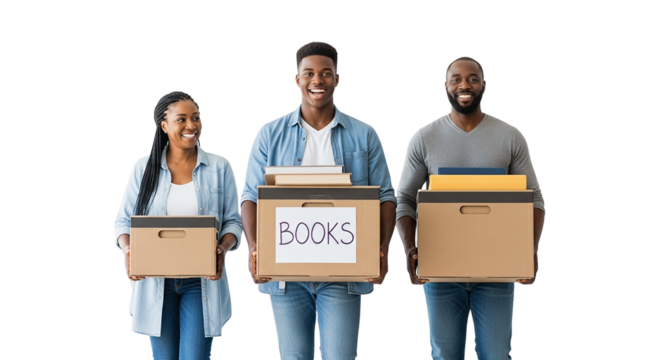 A diverse group of smiling business people are carrying cardboard boxes in a studio - Powered by Adobe