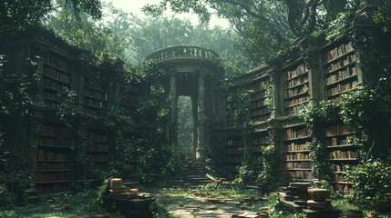 Overgrown library ruin with bookshelves and plants.
