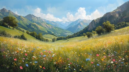 Idyllic mountain landscape with a blooming field of colorful wildflowers in a peaceful green valley