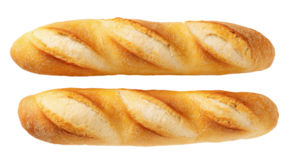 Fresh golden French baguette bread loaves with crispy crust isolated on transparent background