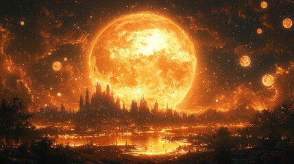 Fiery sunset over fantasy city with giant orange moon.