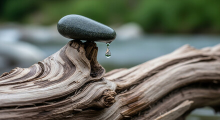 Delicate Water Drop Between Weathered Wood and Smooth Stone Surface
