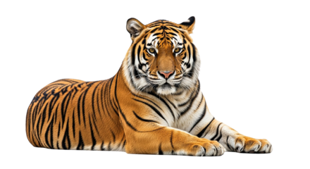 An isolated striped Bengal tiger, a big orange wild cat, stands on a white background