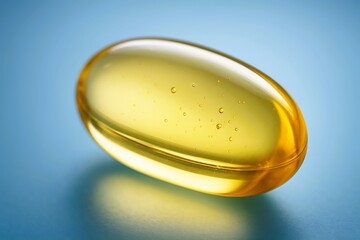 A golden translucent gel capsule filled with liquid and tiny suspended bubbles, symbolizing vitamins, supplements, and modern nutritional science.