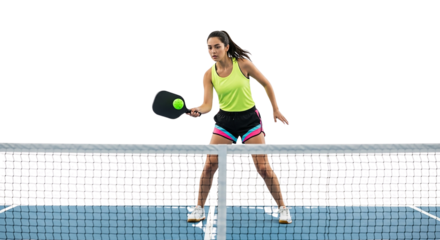 A dynamic female tennis player is actively running on the court with a ball during a game