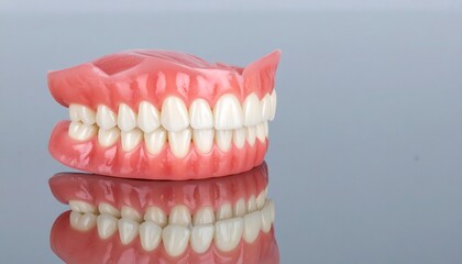A full dental prosthesis, meticulously detailed, is displayed against a neutral backdrop, showcasing the realistic form and color of a dental appliance.