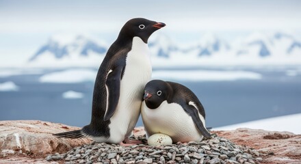 A pair of Adélie penguins tend to their egg in a rocky nest with a snowy Antarctic landscape in the background.