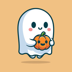Cute Ghost With Pumpkin Halloween Cartoon Vector Art, Illustration and Graphic