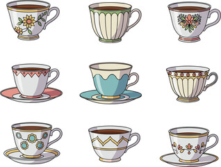 PrintColorful Teacup Collection with Decorative Patterns in Grid Layout – Cultural Ceramic Design for Tea Lovers, Kitchen Decor, and Art Prints