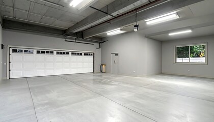 Spacious, modern garage with polished concrete floor and large white doors.