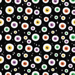 Halloween Seamless Pattern with Cute Ghosts, cat, pumpkin and evil eye.