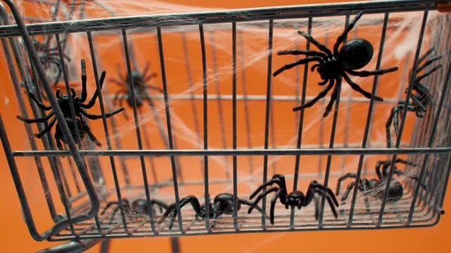 Halloween shopping cart filled with plastic spiders and cobwebs creating a spooky and frightening atmosphere for a festive holiday decoration
