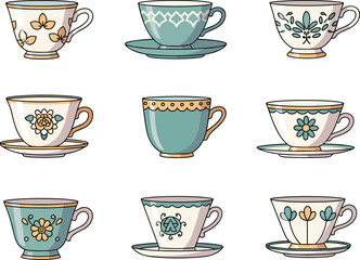PrintVintage tea cups collection with floral patterns and saucers, elegant porcelain drinkware set illustration for kitchen, cafe, or decoration use.
