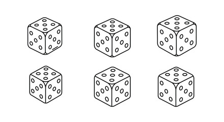 six dice arranged neatly showing various numbers on faces