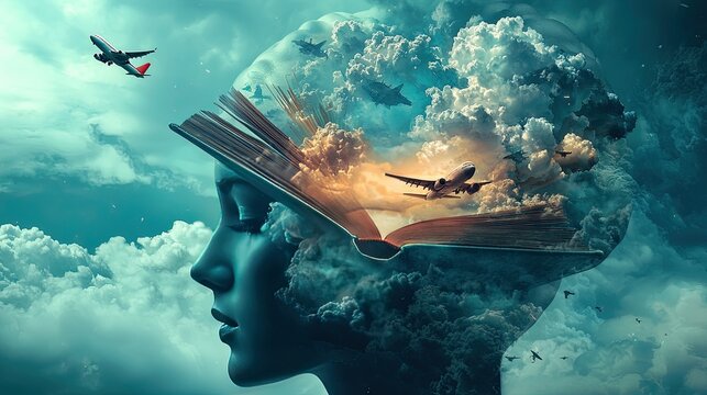 A human head opened like a book, with flying scenes emerging: planes and stormy clouds. Surreal, imaginative, layered storytelling, cinematic lighting