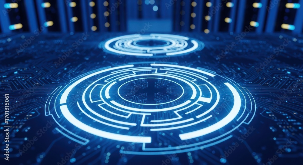 Aufkleber blue circuit board with glowing concentric circles, abstract tech pattern