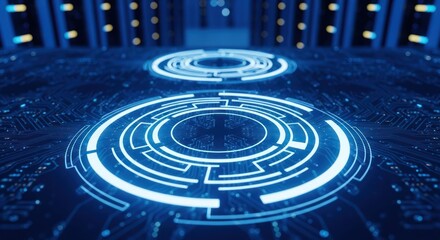Fototapeta premium Blue circuit board with glowing concentric circles, abstract tech pattern
