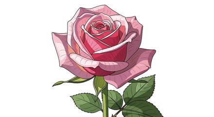 Detailed illustration of a pink rose with green leaves on white backround