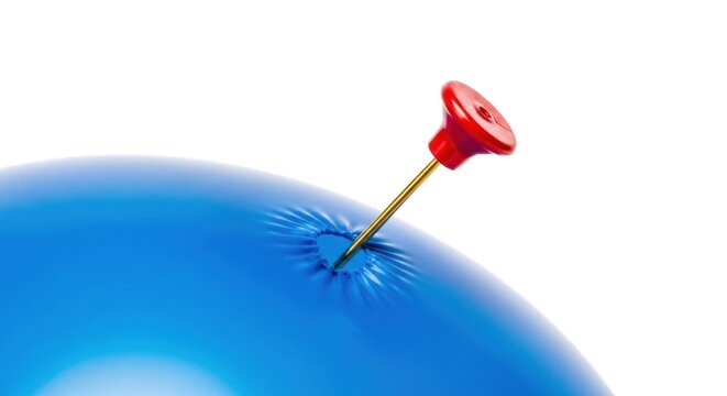 Blue balloon being pierced by a gold needle with a red plastic head - Powered by Adobe
