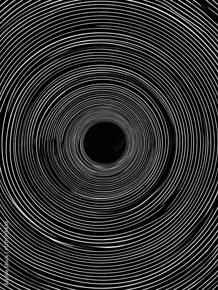 Poster swirling black and white circular pattern creating a mesmerizing visual effect and depth perception