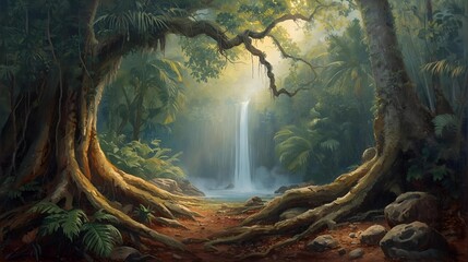 Serene Forest Vista Captivating Landscape Featuring a Waterfall and Lush Foliage