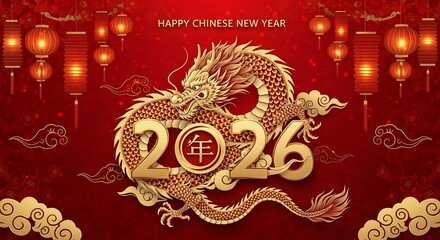 Happy Chinese New Year 2026 Dragon Celebration Greeting Card with Red Lanterns and Clouds