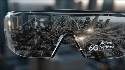 6G network infrastructure. Quantum communication. Holographic communication. Data Speed. A futuristic smart glass displaying a cityscape and 6G network. - Powered by Adobe